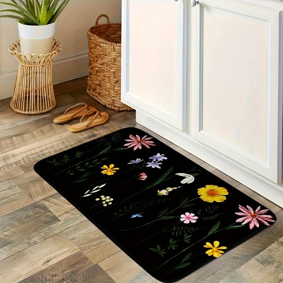 1Pcs Black Color Flower Pattern Floor Mat Modern Kitchen Polyester Rug Non-Slip Colorful Indoor Carpet, For Home Bathroom Bedroom Living Room Decor