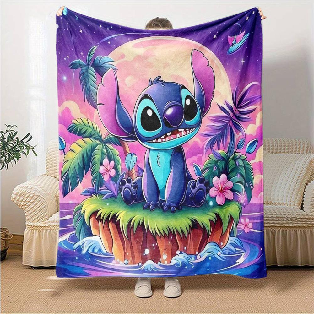 Stitch Moon Island Flannel Blanket Super Soft Warm Cozy Blanket for Sofa Bed Office Travel All‑Season Home Decor Gift