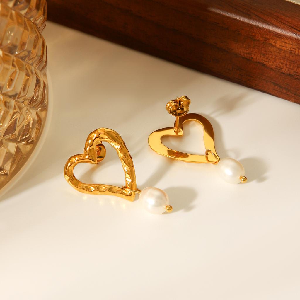 Hammered Texture Heart Earrings with Pearl Drops Titanium Steel Elegant and Versatile Ear Accessories