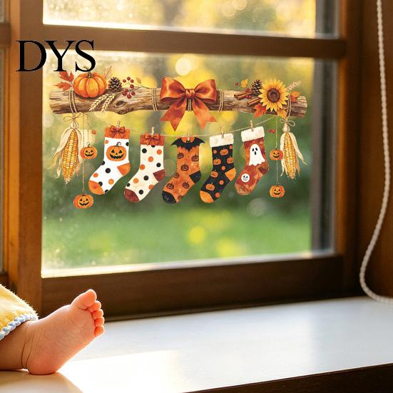 Autumn Theme Party Decor Halloween Hanging Socks Window Stickers, Decorative Branch Pumpkin Popcorn & Bow Decals for Glass Stickers Harvest