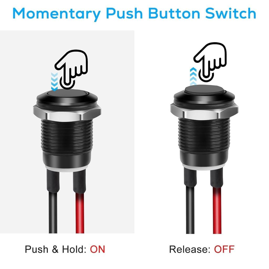 10PCS 12mm Momentary Push Button Switch, Mini Round Pushbutton Switches with Pre-Wired, Without LED, for Car Boat, Black