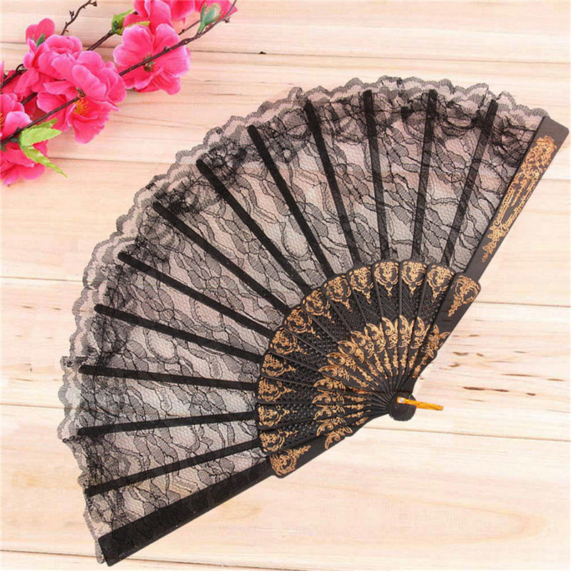 Black Spanish Style Dance Party Wedding Lace Silk Folding Hand Held Flower Fan