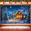 Christmas Banner Colorful Lights Xmas Banner Night Backdrop Wooden Cabin Holiday Background For New Year Decor Christmas Indoor