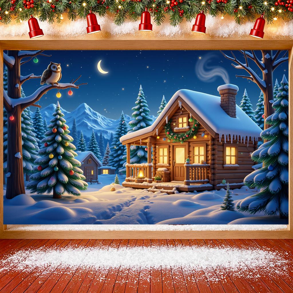 Christmas Banner Colorful Lights Xmas Banner Night Backdrop Wooden Cabin Holiday Background For New Year Decor Christmas Indoor