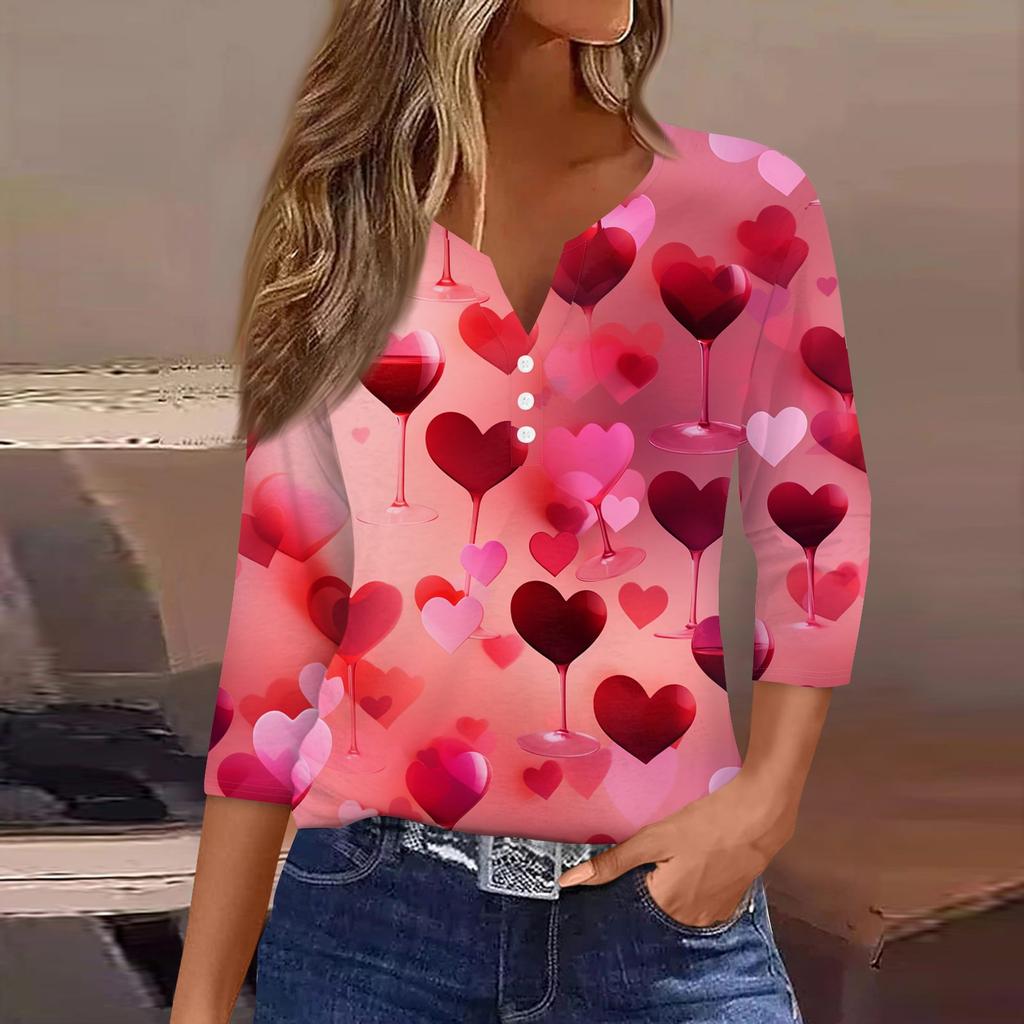 Women's Valentine's Day Printed V-Neck Casual Versatile Three-quarter Sleeve Button Top