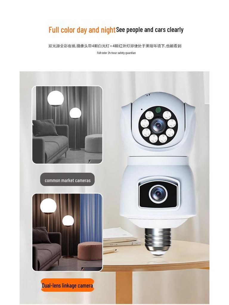 Dual Lens WiFi PTZ Smart Bulb Surveillance Camera with Full Color E27