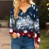 Women's Fashionable Casual V-neck Blouse Button Christmas Printed Long-sleeved Pullover T-shirt Top