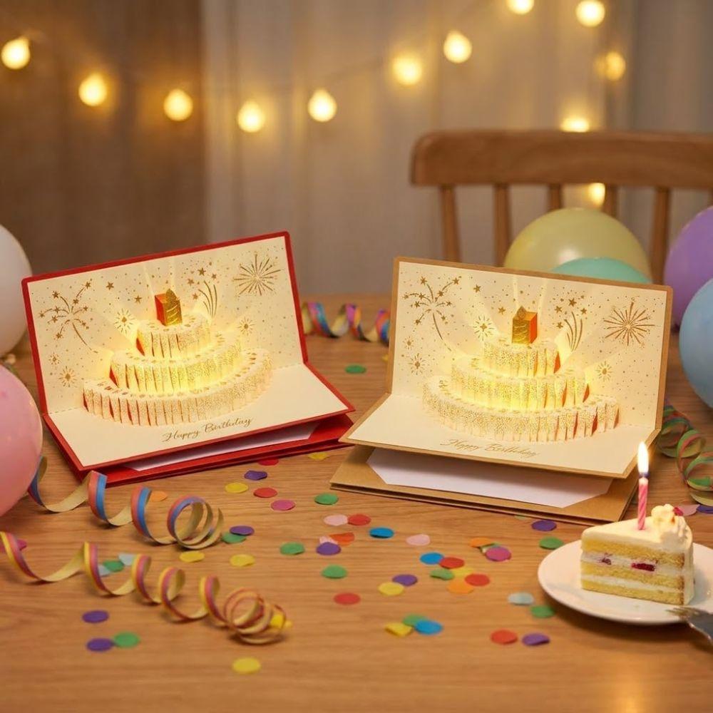 6 Card Slots 3D Pop-Up Cake Greeting Card Folding Illuminated Musical Light Gift Card with Ribbon Postcard Money Bag