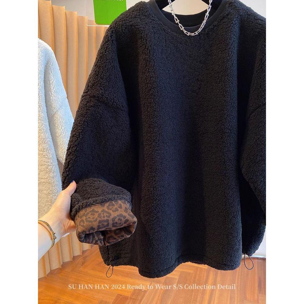 High-End Lazy Style Round Neck Sweatshirt - Imitation Lamb's Wool, Solid Color, Thickened for Autumn/Winter, 2025 Collection.