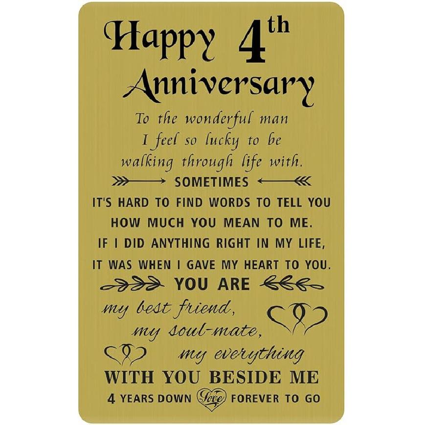 TANWIH 4th Anniversary Card for Wife - 4 Years Down Forever to Go - 4 Year Wedding Anniversary Card Gifts for Her Women, Engraved Metal Wallet Card