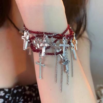 Y2K Gothic Cross Tassel Bracelet for Women Red Beaded Jewelry Retro Bracelet