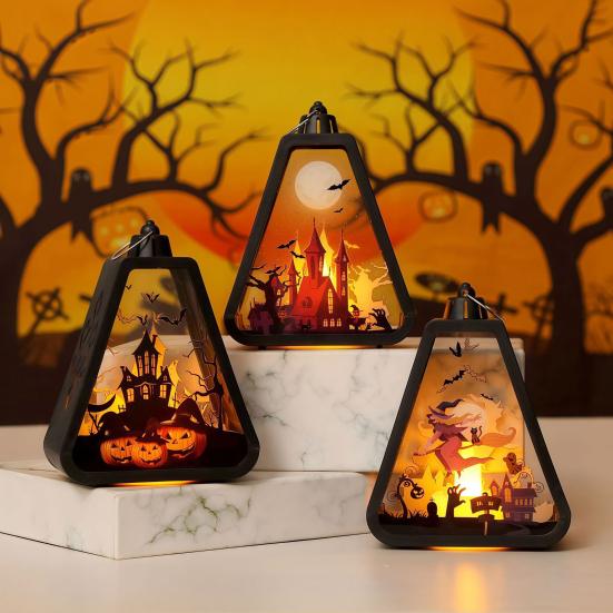 Halloween Håndholdt LED-lanterne Bærbar Nattlampe med Gresskar Slott Heks Mønster Batteridrevet Halloween-lampe for Innendørs Utendørs Festdekor
