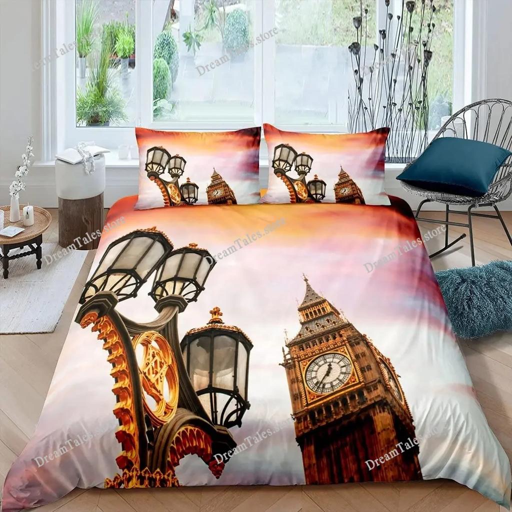 Big Ben Bettbezug Jungen Berühmte Telefonzelle Bettwäscheset für Teenager Retro Londoner Stadtbild Bettbezugset mit Kissenbezug