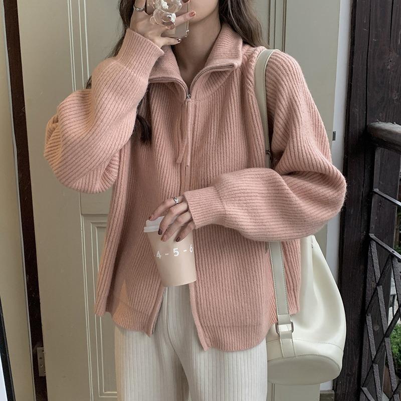 Solid color simple double zipper knitted cardigan top women's autumn and winter new loose lazy wind sweater jacket tide