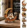 Retro Rustic Tiered Tray Decor Halloween Pumpkin Witch Cat Ghost Figurines with Crescent Base, Spooky Wooden Table Ornaments Tabletop Centerpiece for