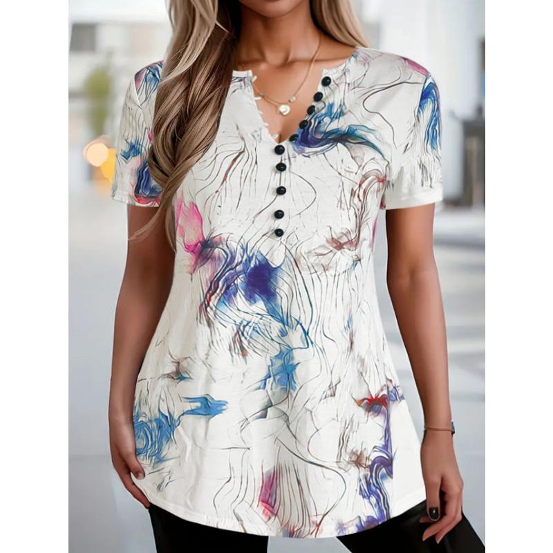 

VEZFAA Женская мода Повседневная Летняя Весна Цветные Блоки Принт Короткие Рукава V-образный вырез Блузки и Рубашки XXL синий