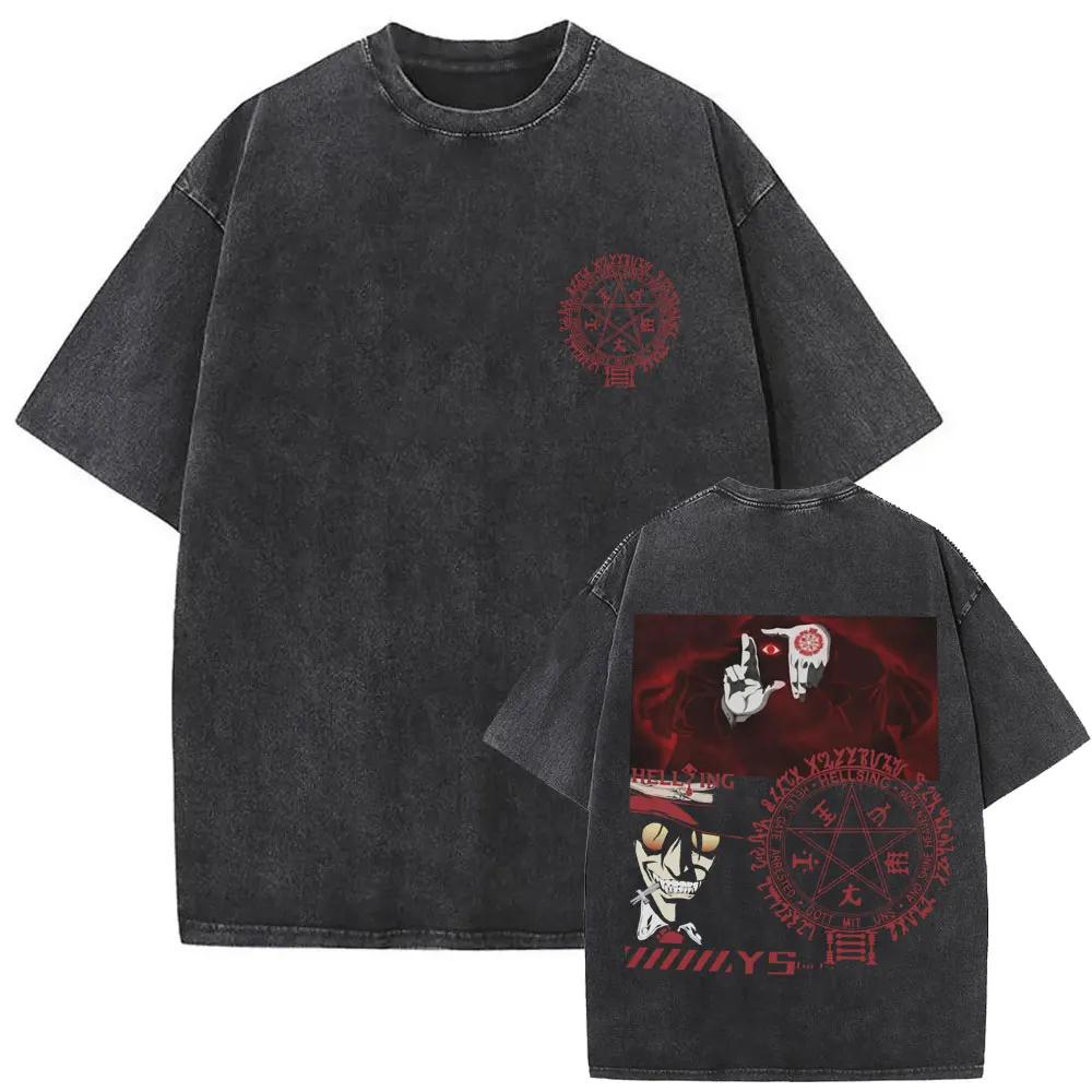 Washed Vintage Anime Hellsing Abraham Van Helsing Vampire Alucard Tshirts Men Women Fashion Casual Oversized T Shirt Streetwear