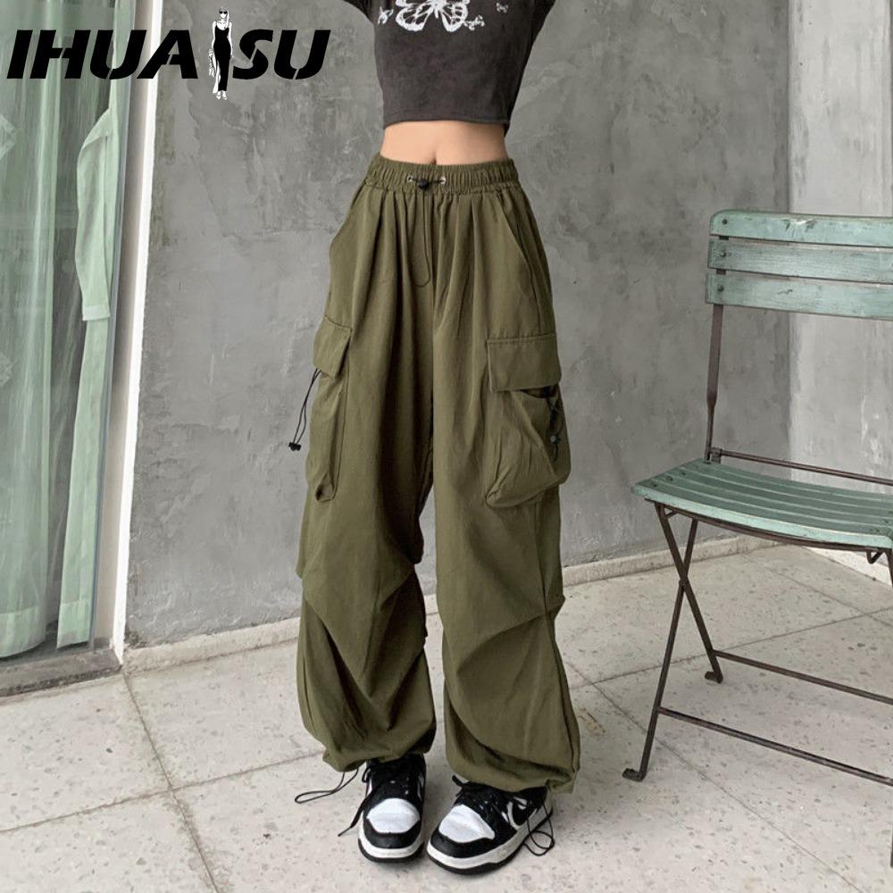 IHUASU Women Hip Hop Cargo Pants Baggy Solid Color Elastic Waist Trousers Loose Breathable Female Pants