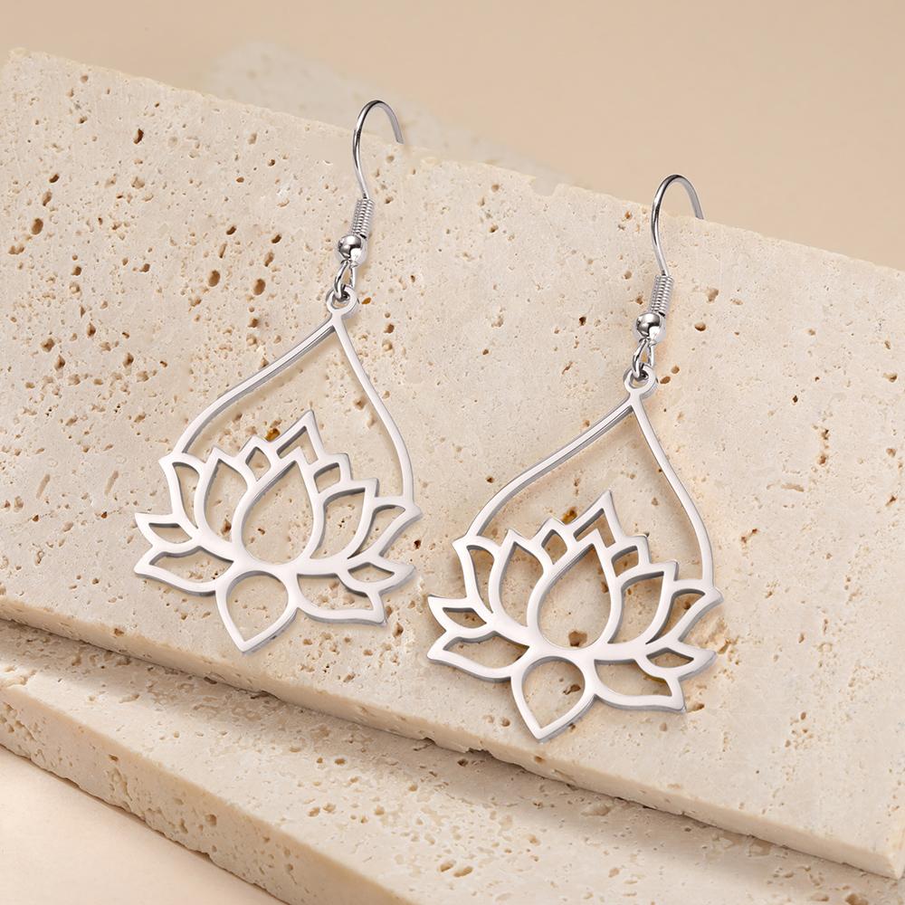 Dawapara Lotus Flower Dangle Earrings for Women Stainless Steel Round Flower Charm Yoga Jewelry Buddhist Spiritual Amulet