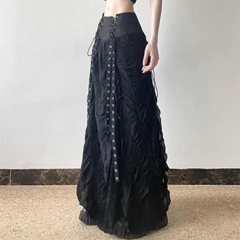 Y2k Vintage Temperament Lace Mesh Pleated Women Skirt High Waist Gothic Bow Slim Bandage A-line Long Skirts Chic Harajuku Faldas