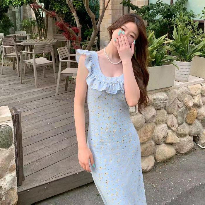 French Retro Floral Dress Medium and Long Temperament Holiday Square Neck Ruffle Edge Skirt Children's Summer New Long Dress