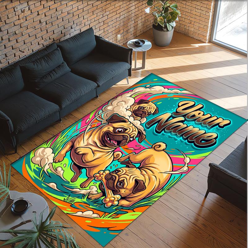 Pug Theme Crystal Velvet Floor Rug Personalized Custom Name Text Warm Carpet Home Decoration