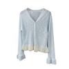 V Neck Flare Long Sleeve Knit Top Summer Versatile Loose Sun Protection Cover Up Blouse Women