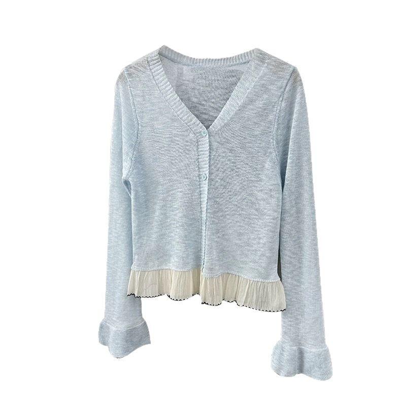 V Neck Flare Long Sleeve Knit Top Summer Versatile Loose Sun Protection Cover Up Blouse Women