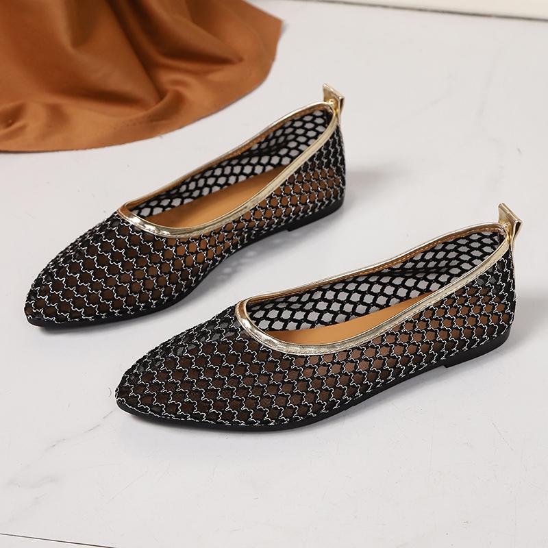 New Summer Soft-Soled Single Shoes Women's Pointed Toe Shallow Mouth Sequin Mesh Breathable Slip Non-Slip Low-Top Flats