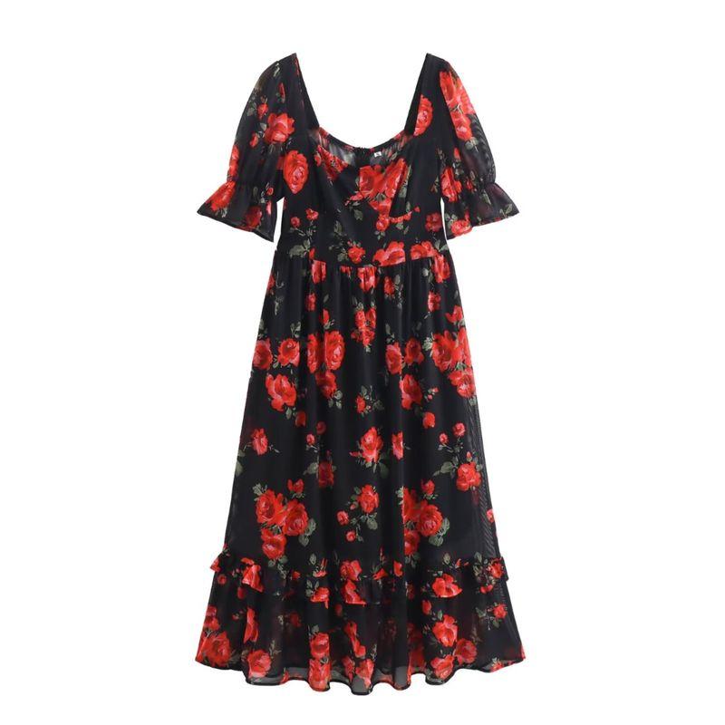 Kaslead New Arrival Women's Clothing Fashion Style Fashion Square Collar Mesh Floral Print Waist-Tight Elegant Ruffled Long Dress