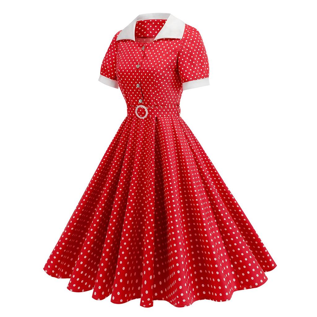 Women's Contrast Color Lapel Slim Fit Polka Dot Open Collar Lace-up Swing Mid-length Dress