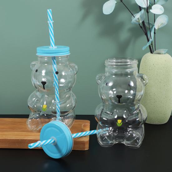 Yousheng Bear Glass Sippy Cup with Leak-Proof Lid Straw Cute Bear Glass Mug for Juice Milk Tea Smoothies Creative Bear-themed Drinkware