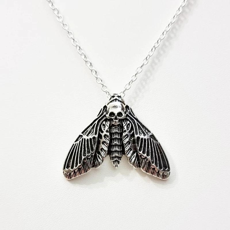 Goth Silver Color Moth Skull Pendant, Skull Necklace, Halloween Necklace,Gothic Skull and Moth Pendant Necklace