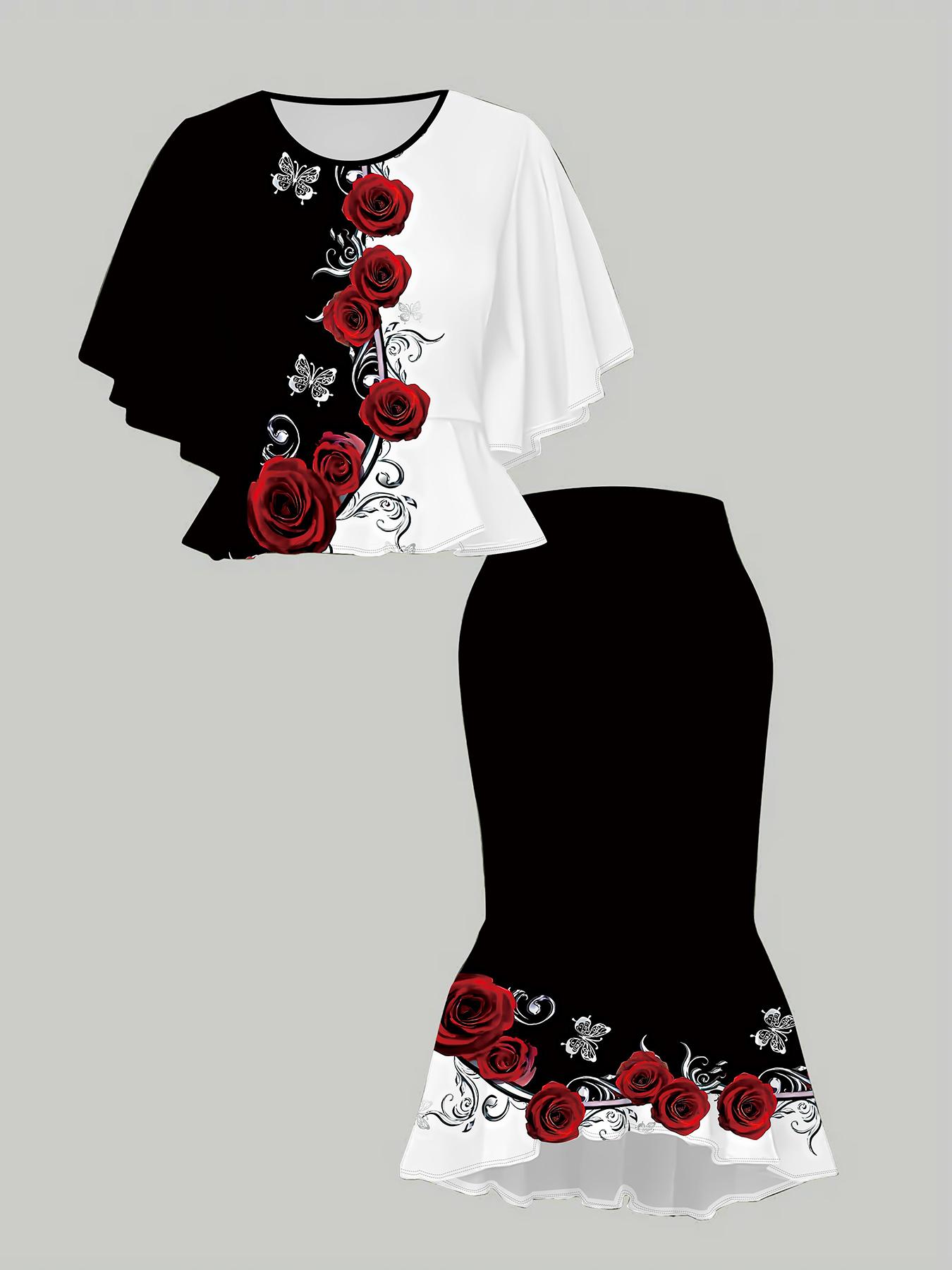 

Классический тотемный женский принт с 3D-цветами, Модный большого размера, Элегантный, Универсальный для всех сезонов. Футболка, Юбка и Комплект 6XL красный