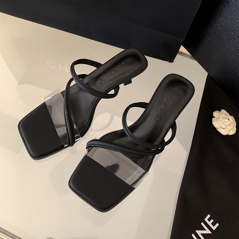 Sheepskin version~ Temperament square head open-toed thin strap French fine heel sandals women wear high-heeled one-word cool slippers in summer