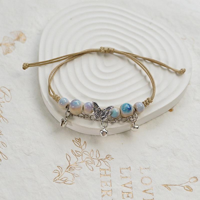 Bracelet Papillon Coloré en Céramique Fait Main Bracelet à Cordon Tressé Réglable Doux Accessoires de Mode Uniques Cadeaux