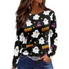 Women's Fashion Long Sleeve Top Halloween Print Round Neck Pullover Shirt with Split Hem Casual Wear for Autumn and Winter