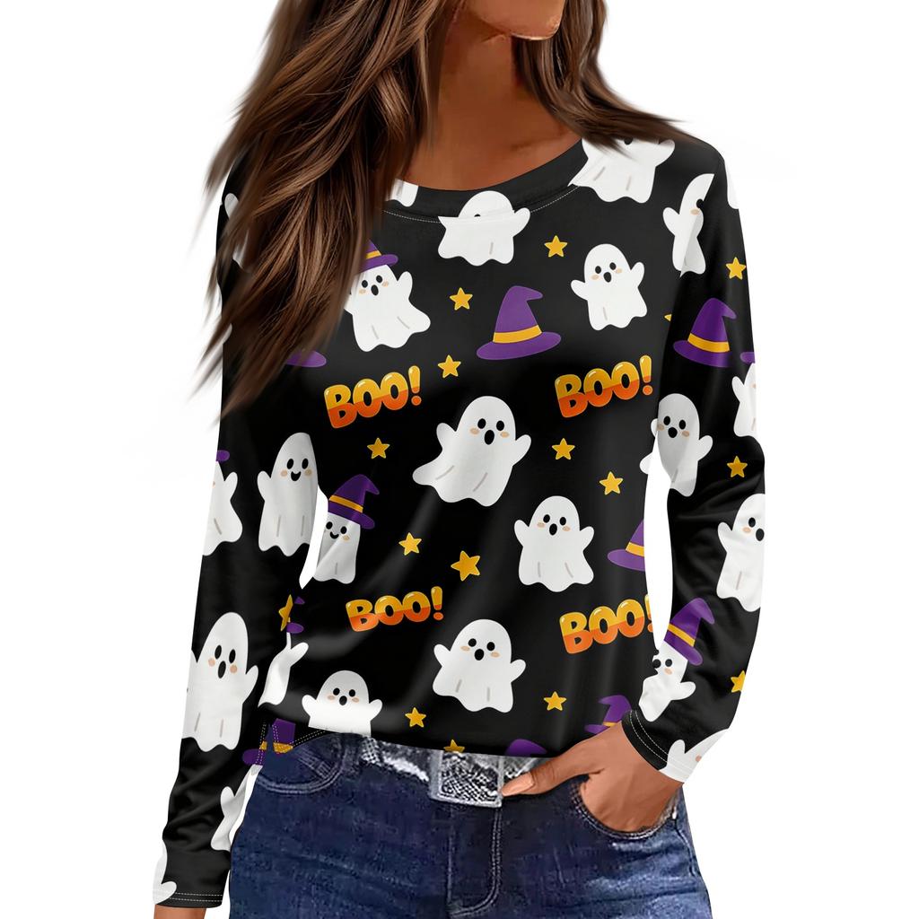 Women's Fashion Long Sleeve Top Halloween Print Round Neck Pullover Shirt with Split Hem Casual Wear for Autumn and Winter
