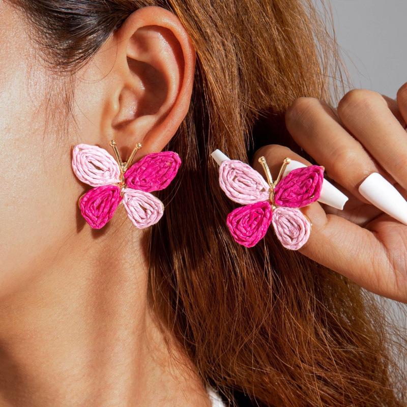 Summer hand-woven raffia stud earrings women's sweet temperament earrings pastoral atmosphere flower earrings