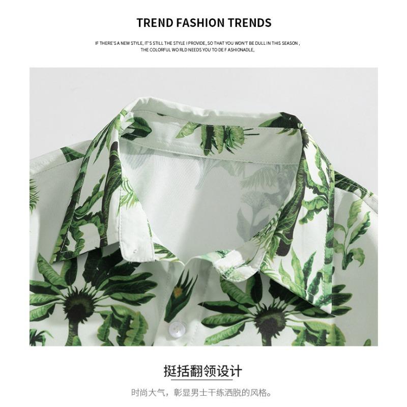 Men's Oversized Palm Tree Print Short Sleeve Shirt - Green Hawaiian Casual Button Down Top