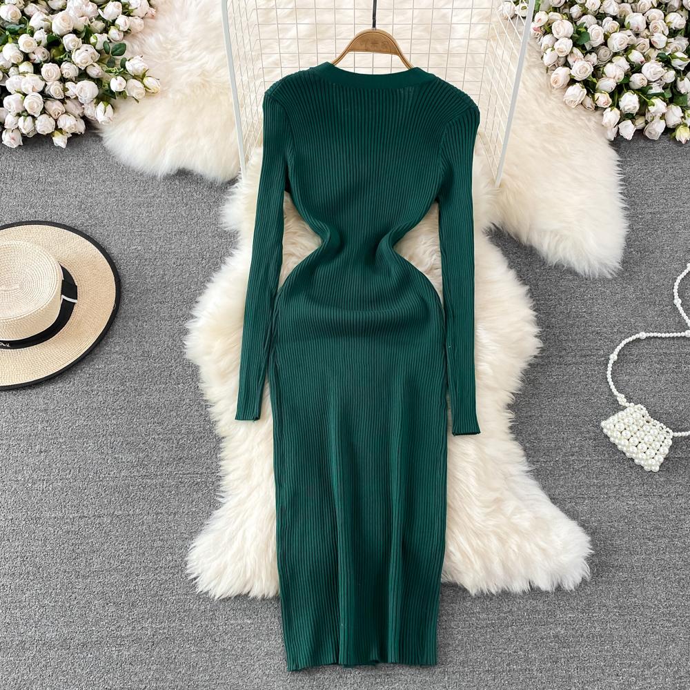 Spring Autumn V-neck Solid Knitted Sweater Dresses Women Single Breasted Full Sleeve Slim Bodycon Dress