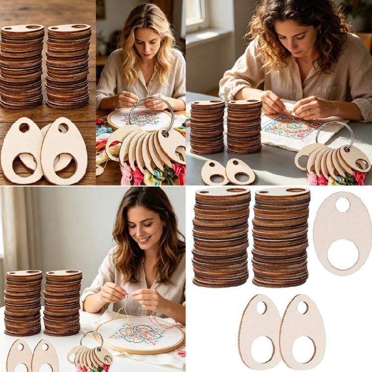 100Pcs Smooth Wooden Spindles And 2 Rings For Embroidery Thread Arrangement