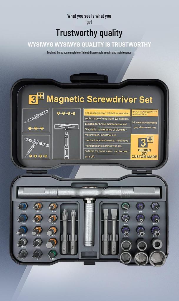 34-in-1 Knarrenschraubendreher-Set mit S2-Bits: Sechskant, Torx, Kreuzschlitz, Schlitz – Rechts-/Linkslauf für den Haushalt