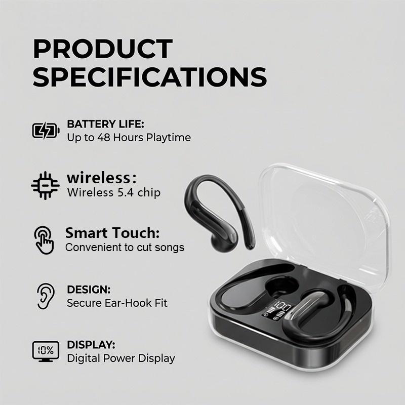 Open Ear Hook Earbuds Bluetooth 5.4 Earphones LED Display ACS Directional Sound Noise Reduction Sports Wireless Headphones 