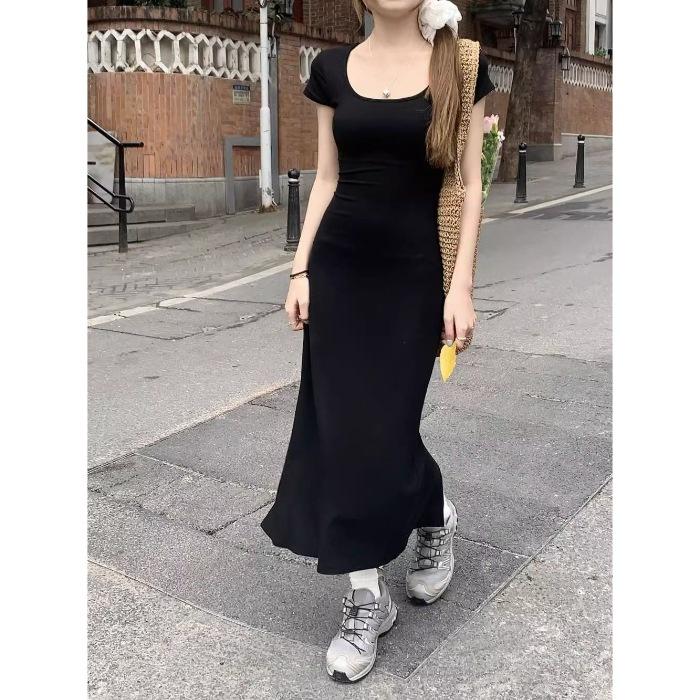 New temperament slim fit and thin black short-sleeved split halter dress children s summer high-end long dress women s clothing S чёрный
