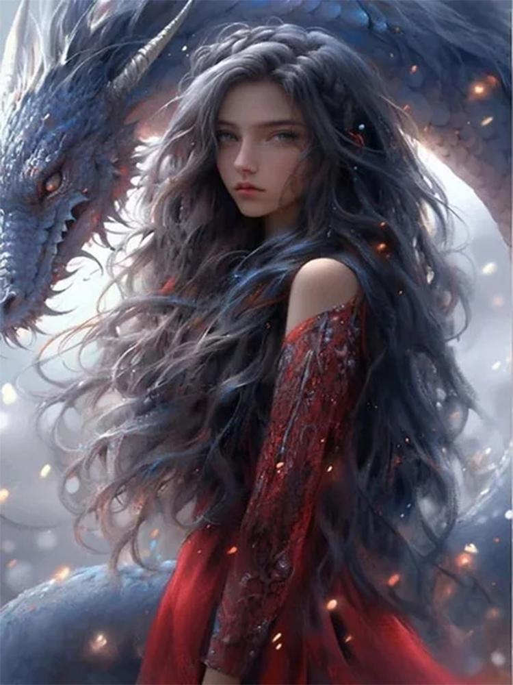 Pictură cu diamant de femei și dragoni 5DDiy, rotund complet, pătrat, mozaic, cruce, brodat, pictură cu animale, decorație de perete