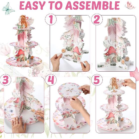 Honeydak 3 Tier Fairy Party Cupcake Stand Decorations Fairy Theme Cupcake Holder Decorations Wing Ballet Dancer Dessert Tower for Kids Party Birthday