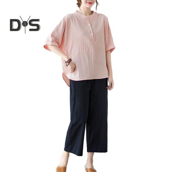 Women's Casual Two-Piece Set 3/4 Sleeve Crew Neck Button Top Wide Leg Pants Set Summer Loose Loungewear Outfit