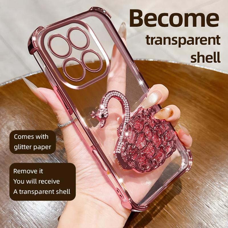 KEYSION Shockproof Plating TPU Phone Case for HONOR X7d 5G Glitter Jewelled Swan kickstand Back Cover for Honor 400 Smart 5G