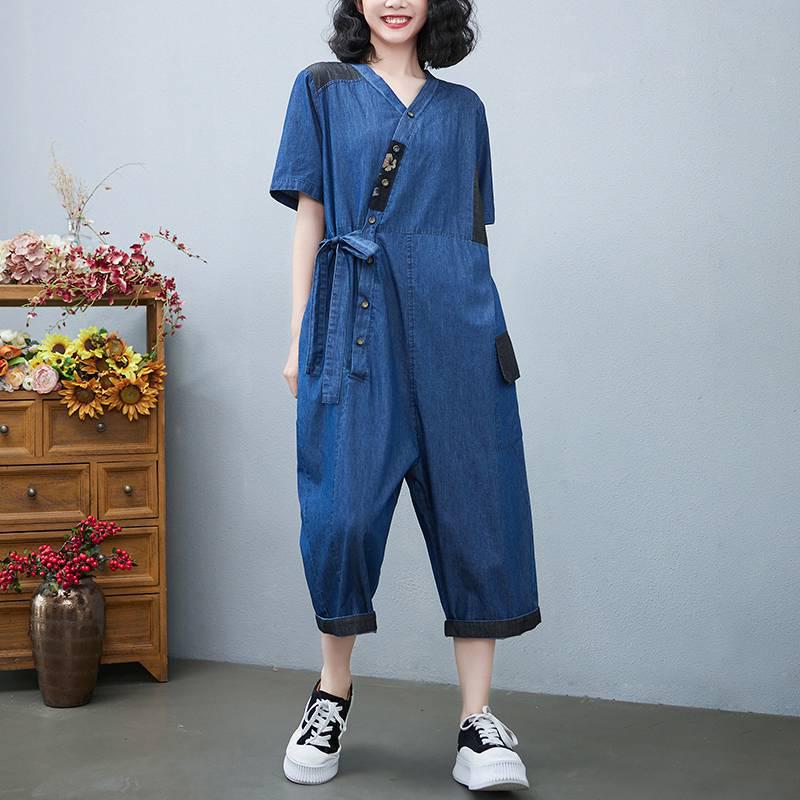 Summer 2026 Plus Size Color Block Tencel Denim Jumpsuit for Women 95~155kg suitable